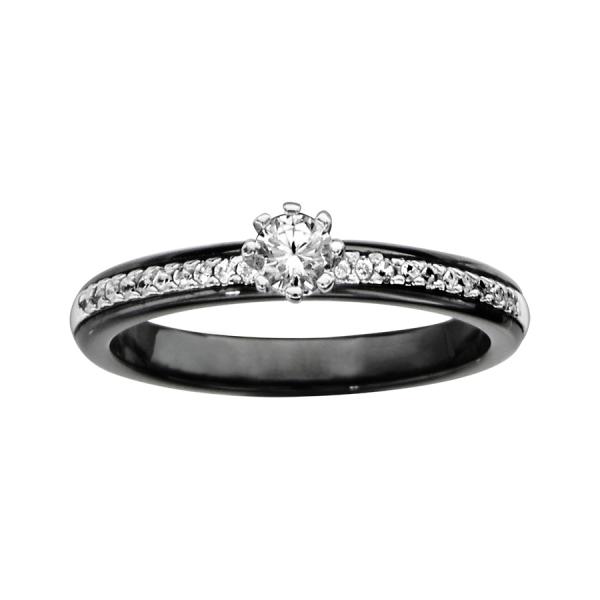 Bague Argent 925 Anneau Céramique Noir Rail Zirconium Sertis + Zirconium Serti Griffes