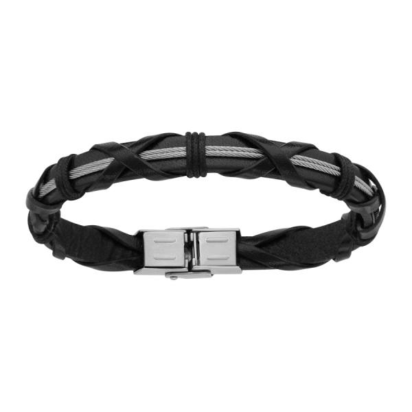Bracelet Acier 316 L Cuir Noir Tressé Double Cable