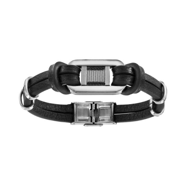 Bracelet Acier 316 L Cuir Noir Plaque Grillage avec Cables 20,5 cm