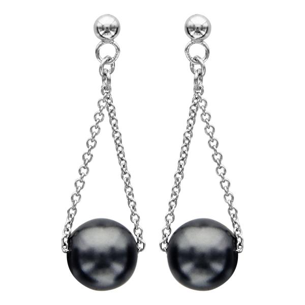 Boucles d'oreilles Argent 925 Pendante Double Chaine Perle d'imitation Grise 
