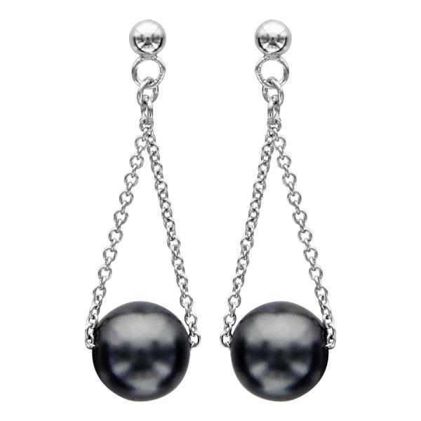 Boucles d'oreilles Argent 925 Pendante Double Chaine Perle d'imitation Grise 