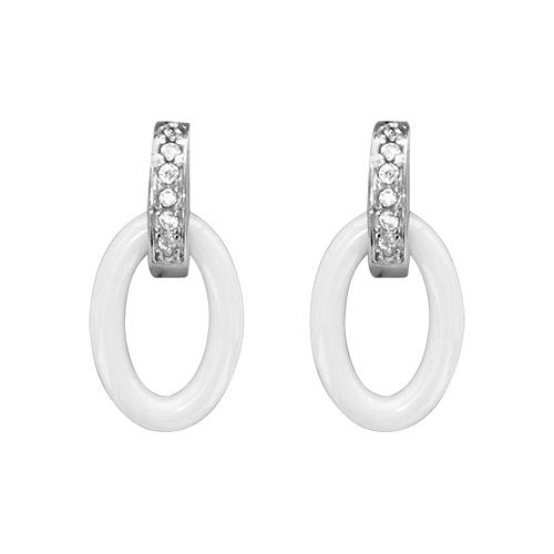 Boucles d'oreilles Argent 925 Ovale Céramique Blanche Barette Zirconium 