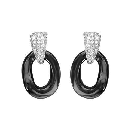 Boucles d'oreilles Argent 925 Céramique Noire Bélière Zirconium Sertis