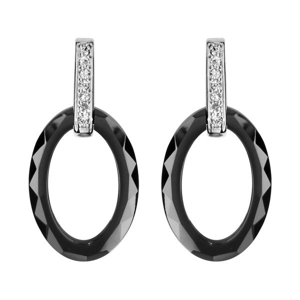 Boucles d'oreilles Argent 925 Ovale Céramique Noire et Zirconium Sertis