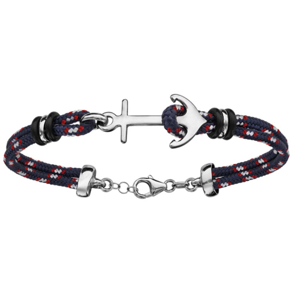 Bracelet Argent 925 2 Rangs Corde Bleue et Rouges Ancre Marine