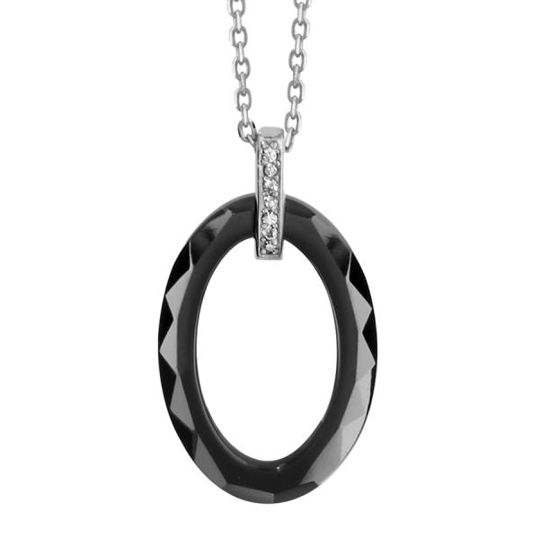 Collier Argent 925 Pendentif Ovale Céramique Noire et Zirconium Sertis