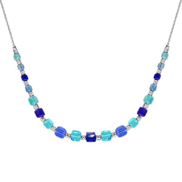 Collier Argent 925 Cubes en Verre Degrade Bleu en Chute