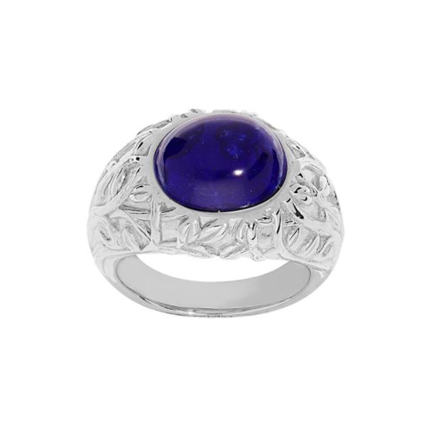 Bague Argent 925 Feuillage Sculpté Cabochon Lapis Lazuli