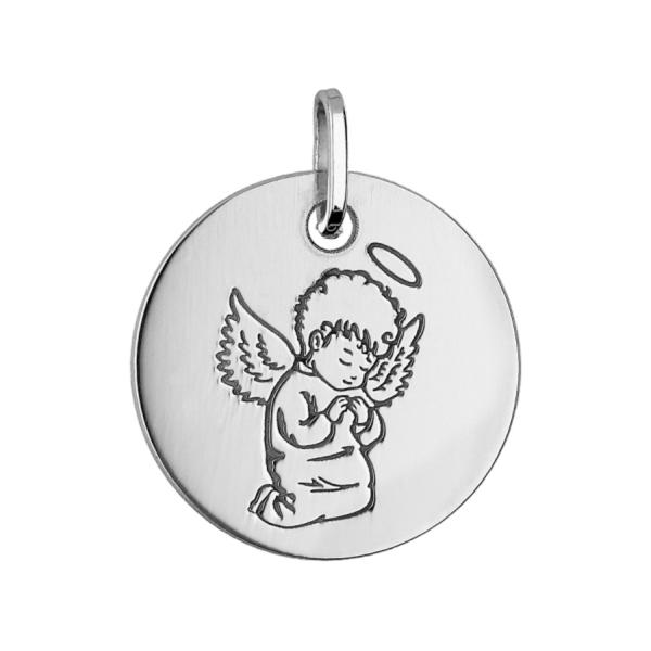 Pendentif Argent 925 Medaille Ronde Motif Ange