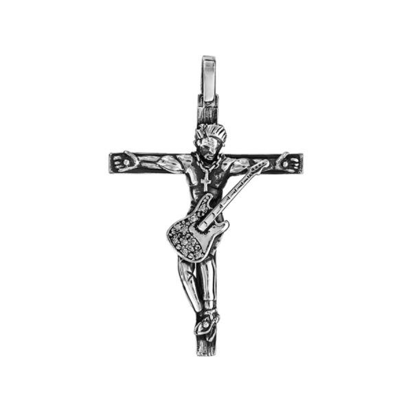 Pendentif Argent 925 Croix Rock Patinée Brillante 40 mm