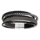 Bracelet Acier 316 L Cuir Noir Gris Multi Fils Boules Double Fermoir 20 cm