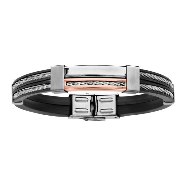 Bracelet Acier 316 L et Cuir Noir Double Rang Cable + PVD Rose