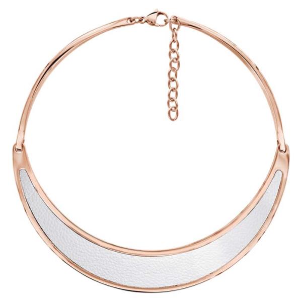 Collier Acier 316 L Semi-Rigide Rose Avec Cuir Bovin Blanc