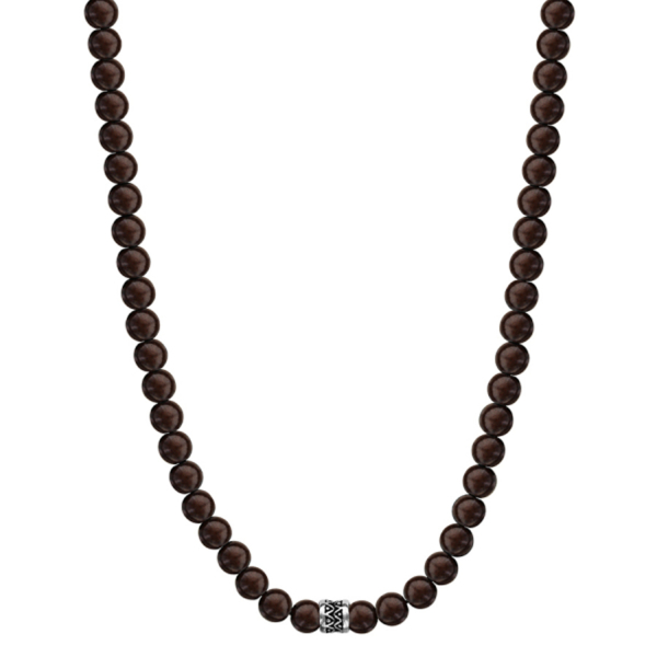 Collier Acier 316 L Perles de Bois Marron Motif Patiné