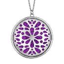 Collier Acier 316 L Pendentif Rond Motif Fleurs Glitter Violet Scintillant