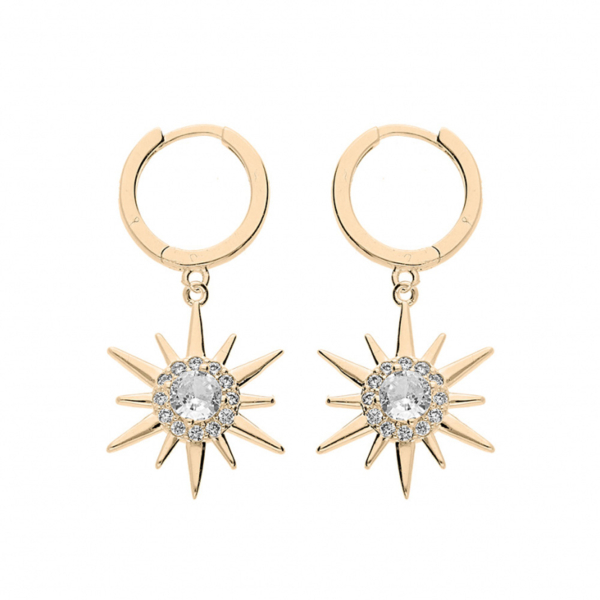 Boucles d'oreilles Plaqué Or Petite Créoles et Pampille Soleil avec Zirconium
