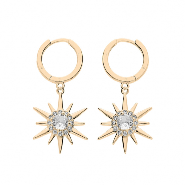 Boucles d'oreilles Plaqué Or Petite Créoles et Pampille Soleil avec Zirconium