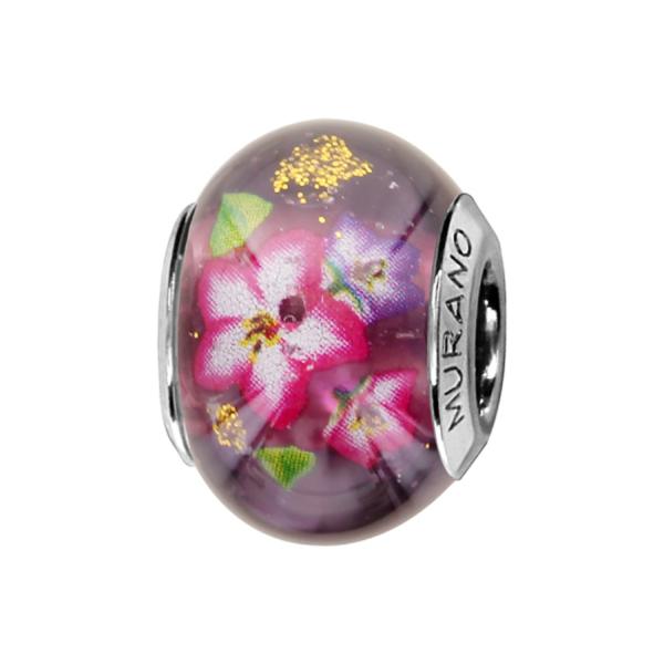 Charms Argent 925 Perle Murano Violet avec Fleurs