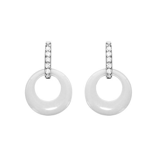 Boucles d'oreilles Argent 925 Cercle Céramique Blanche Barette Zirconium Sertis