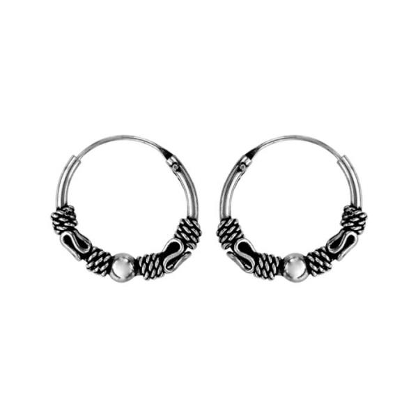 Boucles d'oreilles Argent 925 Créole Patinées Double Motif Tribal Avec Boule 12 mm