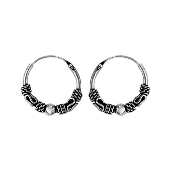 Boucles d'oreilles Argent 925 Créole Patinées Double Motif Tribal Avec Boule 12 mm