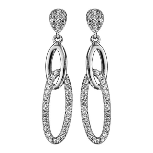 Boucles d'oreilles Argent 925 Pendante 2 Anneaux Allongés Zirconium Blanc