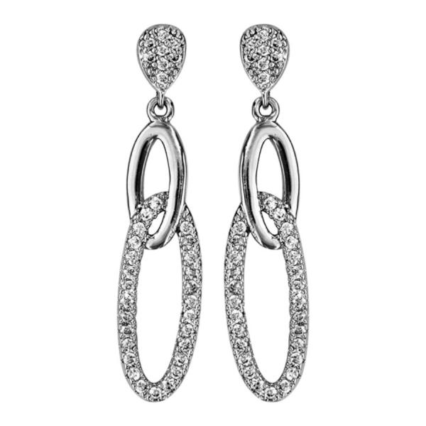 Boucles d'oreilles Argent 925 Pendante 2 Anneaux Allongés Zirconium Blanc