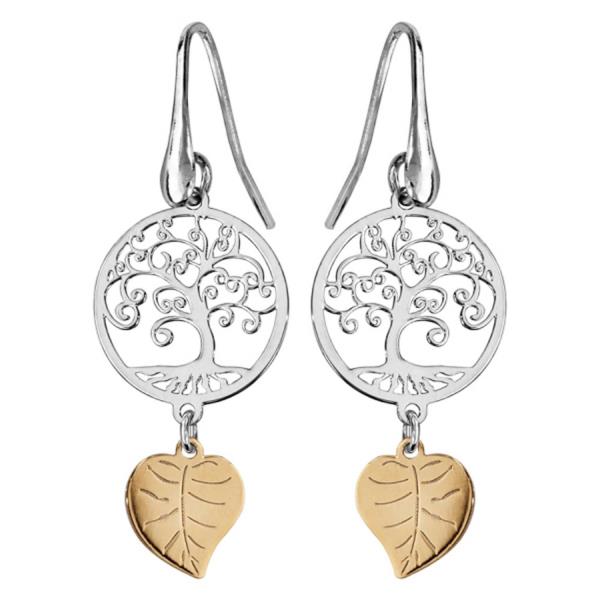 Boucles d'Oreilles Argent 925 Arbre de Vie et Feuille Dorure Jaune