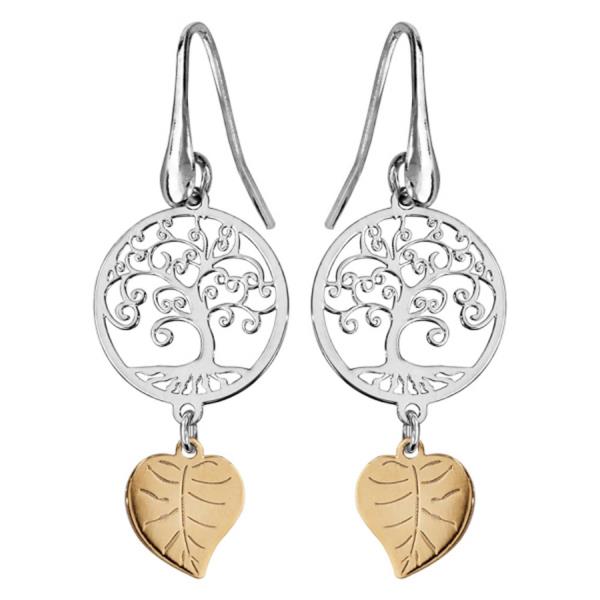 Boucles d'Oreilles Argent 925 Arbre de Vie et Feuille Dorure Jaune