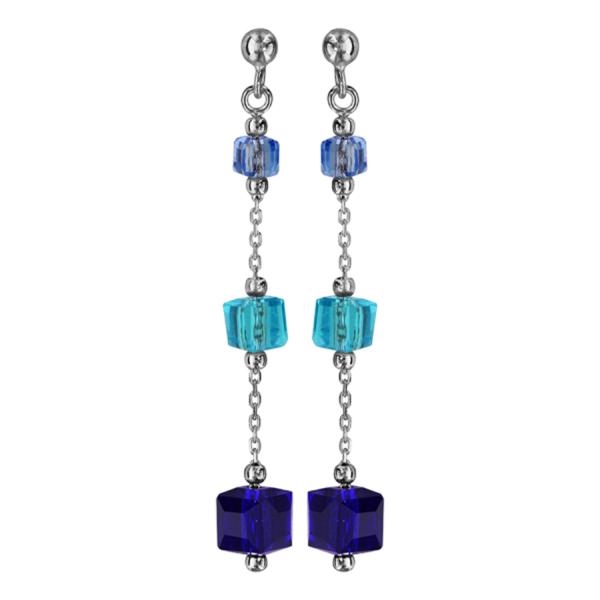Boucles d'oreilles Argent 925 Pendantes 3 Cubes Verre Degrade Bleu