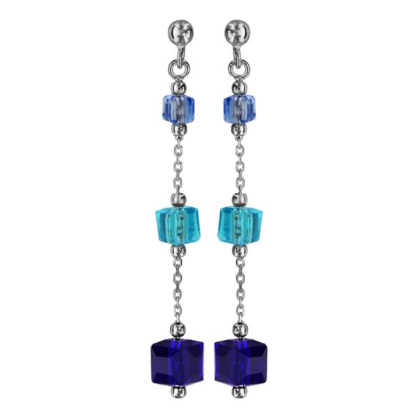 Boucles d'oreilles Argent 925 Pendantes 3 Cubes Verre Degrade Bleu