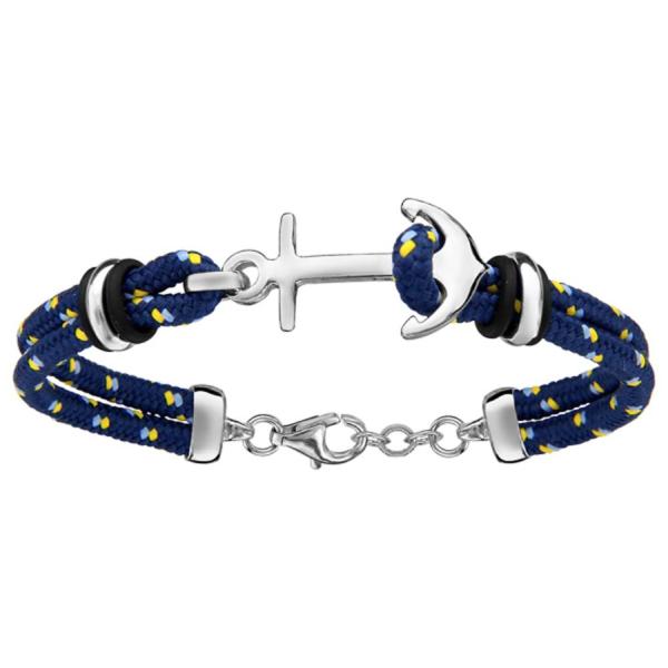 Bracelet Argent 925 2 Rangs Corde Bleu Foncé Ancre Marine