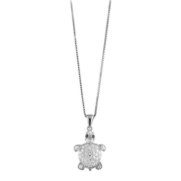 Collier Argent 925 Pendentif Tortue Pierres de Synthèses Blanches