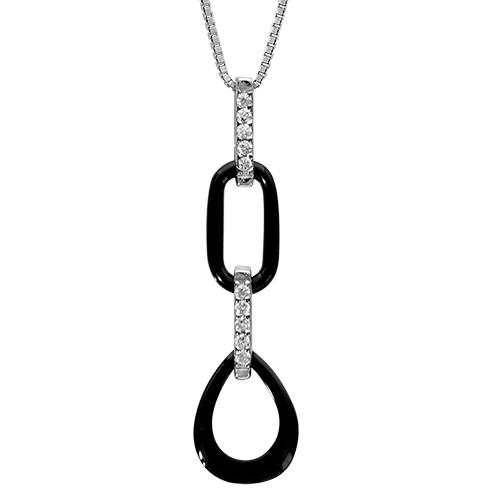 Collier Argent 925 Pendentif 2 Elements Céramique Noire Barrettes Zirconium Sertis