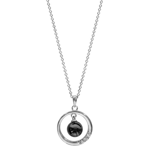 Collier Argent 925 Pendentif Cercle avec Zirconium Sertis + Boule Céramique Noire 