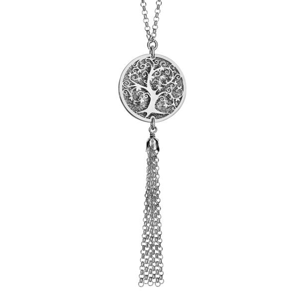 Collier Argent 925 Pendentif Rond Givré Arbre de Vie Multi-Chainettes