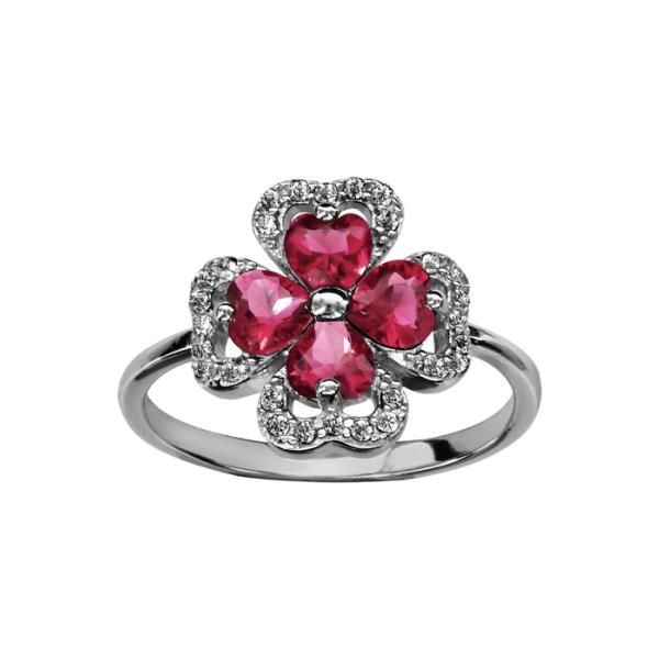 Bague Argent 925 Trèfle Pierres Rouges Entourage Zirconium