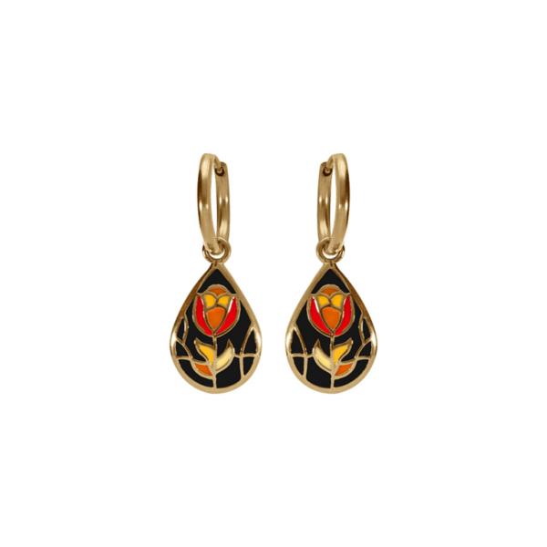 Boucles d'oreilles Tige Acier 316 L Doré Forme Goutte Résine Rouge et Noire