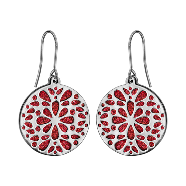 Boucles d'oreilles Acier 316 L Crochet Motif Fleurs Glitter Rouge Scintillant