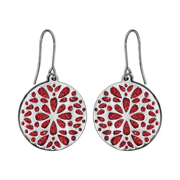 Boucles d'oreilles Acier 316 L Crochet Motif Fleurs Glitter Rouge Scintillant