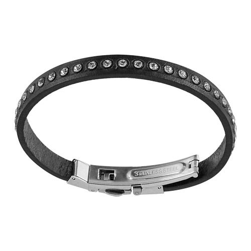 Bracelet Acier 316 L Cuir Noir 1 Rang Strass Blanc