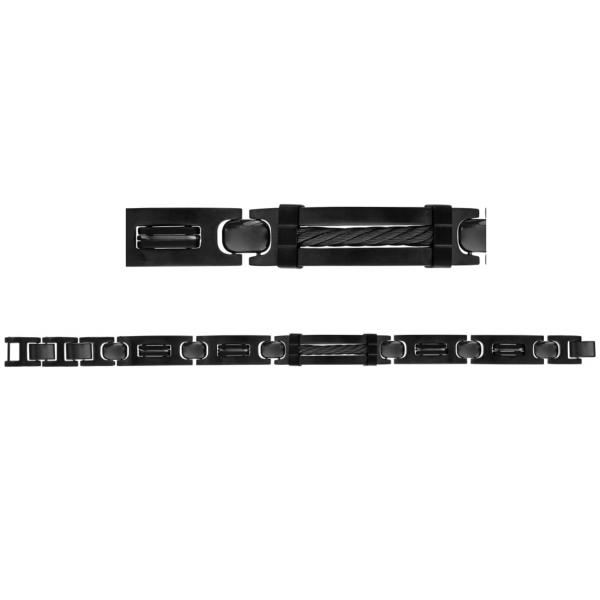 Bracelet Acier 316 L Noir Plaque Gros Cable Noir 3 Fermoirs Reglable