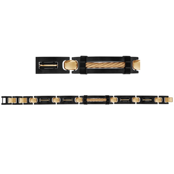 Bracelet Acier 316 L Noir Plaque Gros Cable Jaune 3 Fermoirs Reglable