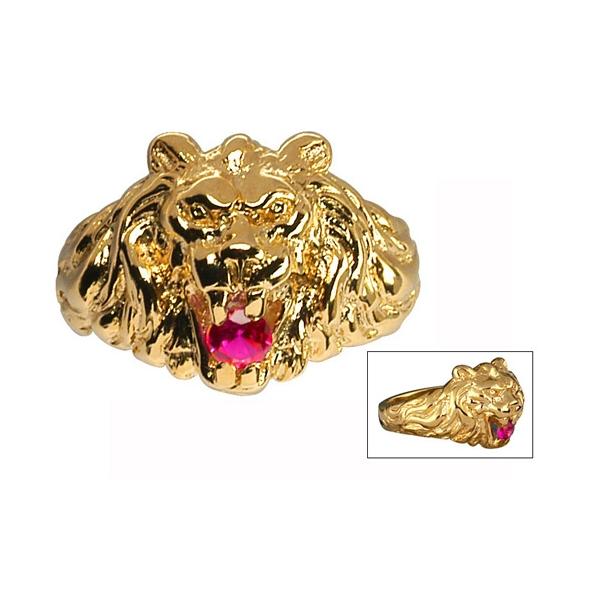 Bague Chevalière Plaqué Or Vermeil Lion Zirconium Rouge Grand Modèle