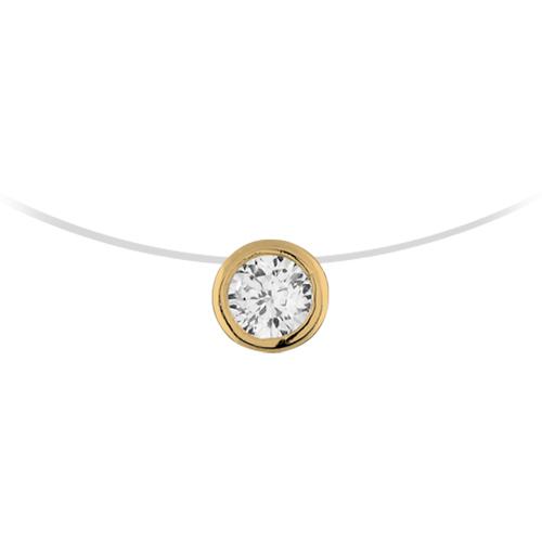 Collier Plaqué Or Fil Nylon Pendentif Zirconium Rond  Blanc Serti