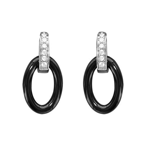 Boucles d'oreilles Argent 925 Ovale Céramique Noire Barette Zirconium 