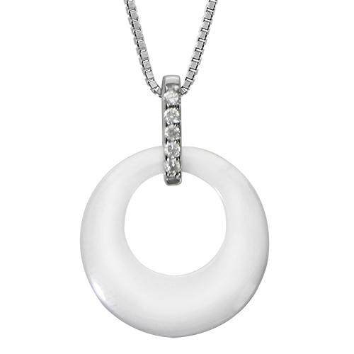 Collier Argent 925 Pendentif Cercle Céramique Blanche Barrette Zirconium Sertis