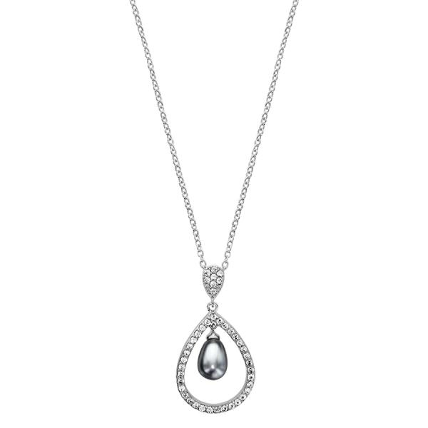 Collier Argent 925 Pendentif Goute Evidée avec Zirconium et Perle d'imitation Grise