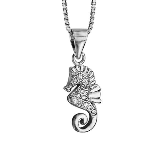 Collier Argent 925 Pendentif Hippocampe Zirconium Blanc 