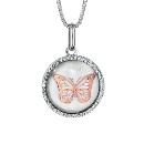 Collier Argent 925 Pendentif Rond Nacre Rosé Motif Papillon Rose